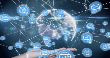 Image of network of connections with icons over globe