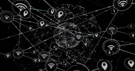 Image of network of connections with icons over globe