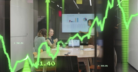 Image of data processing and diagrams over diverse business people discussing work in office