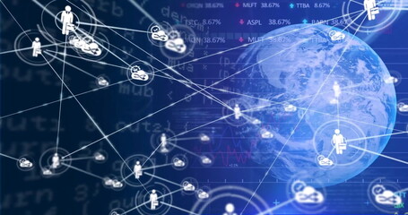 Image of network of connections with icons over globe