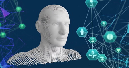 Image of network of connections with icons over human bust