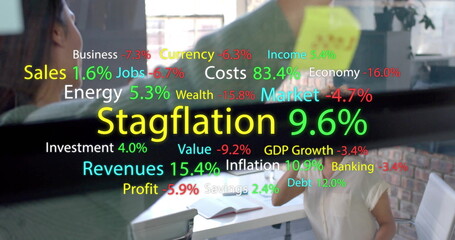 Image of data processing and market texts over diverse businesswomen discussing work in office