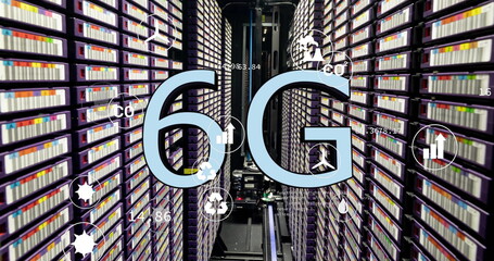 Image of ecology icons and data processing with 6g text over server room