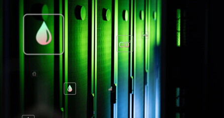 Image of ecology icons over server room