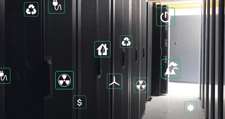 Image of ecology icons over server room