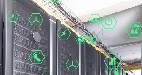 Image of ecology icons over server room