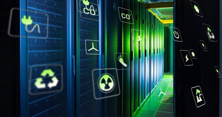 Image of ecology icons over server room