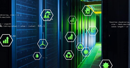 Image of ecology icons and data processing over server room