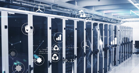 Image of ecology icons and data processing over server room