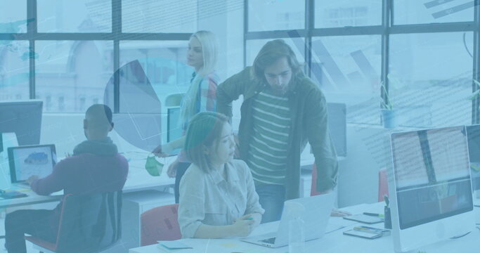 Image of diagrams and data processing over diverse colleagues discussing work