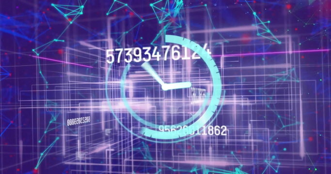 Image of clock ticking and data processing over glowing light trails