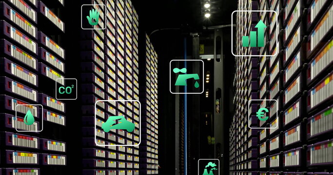 Image of ecology icons over server room