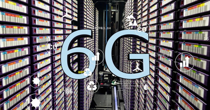 Image of ecology icons and data processing with 6g text over server room