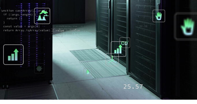 Image of ecology icons and data processing over server room