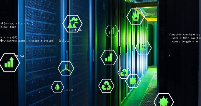 Image of ecology icons and data processing over server room