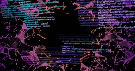 Image of data processing and network of connections over black background