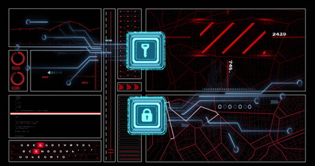 Image of circuit board, key and padlock icon and network of connections over black background
