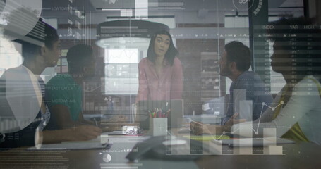 Image of financial data processing over diverse business people in office