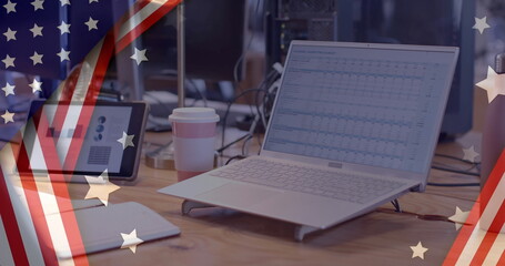 Obraz premium Image of flag of usa over laptop on office desk