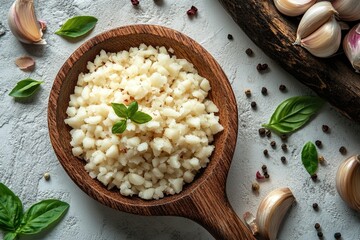 Top View of a Wooden Ladle with Minced Garlic on a White Desk: Perfect for Culinary Inspiration