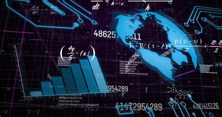 Image of mathematical equations, globe and data processing on black background