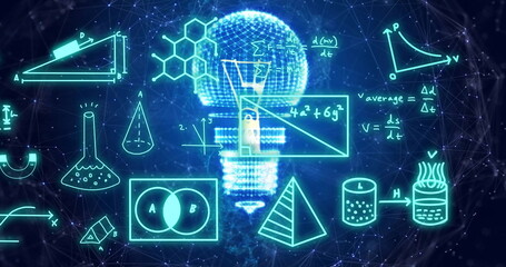 Image of mathematical equations over light bulb and networks on dark background