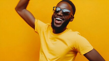 Joyful expression radiates from a man in vibrant yellow, his laughter infectious against a matching backdrop. Sunglasses add cool flair to his carefree pose.