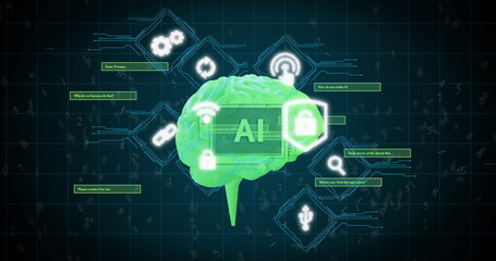 Image of ai text, brain and digital data processing over black background