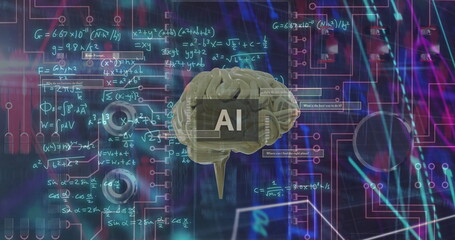 Image of ai text, brain and digital data processing over black background
