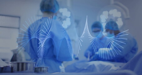 Image of dna strand spinning over diverse suergeons