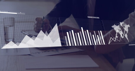 Image of financial data processing over diverse business people in office
