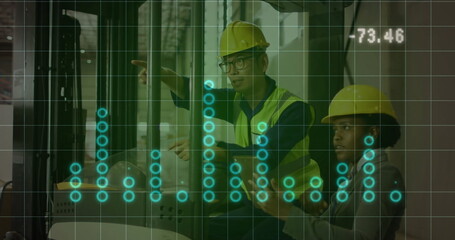 Image of financial data processing over diverse workers in warehouse