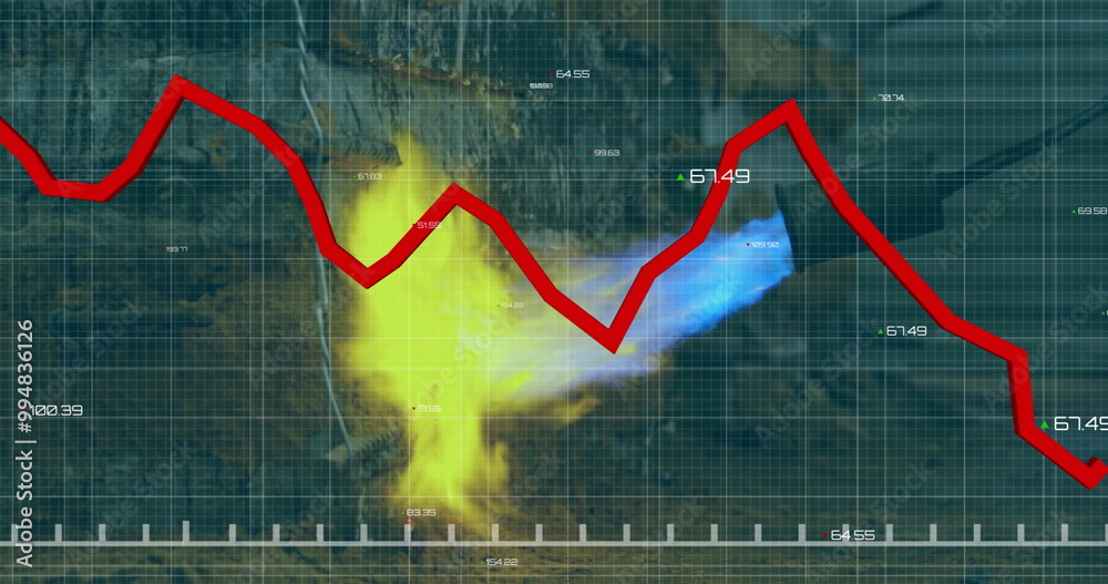 Poster red line graph image over heatmap data visualization on grid background