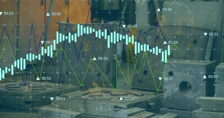 Financial data chart image over industrial machinery in factory