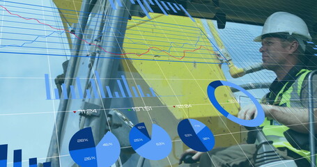 Financial data charts and graphs image over construction worker operating machinery