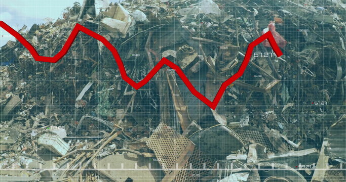 Red line graph image over pile of scrap metal and debris