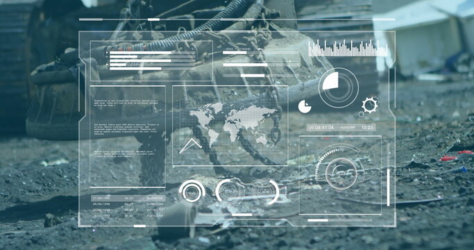 Data analysis and statistics image over industrial machinery in scrapyard - Powered by Adobe