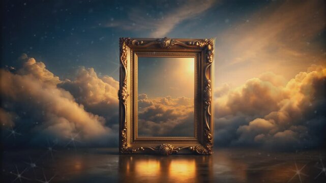 A golden frame sits on a tabletop, its reflection mirroring the sunset light illuminating the clouds visible through the frame.
