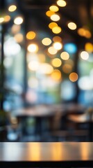 Blurred cafe interior with soft glowing lights creating a warm, inviting ambiance. Bokeh effect highlights cozy atmosphere, perfect for relaxation or intimate conversations.