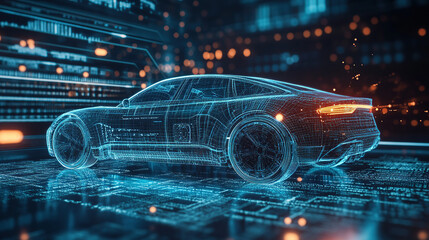 A hologram of an electric car with data and graphs floating around it, surrounded by digital screens displaying various vehicle performance metrics