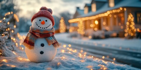 Obraz premium snowman with a scarf and hat standing in front American mansion decorated with many colorful lights garlands with light decorations in front of the house, with lights and a bokeh effect