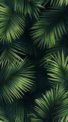 Lush tropical palm fronds create a dense, verdant canopy, their vibrant green hues contrasting against deep shadows, evoking a sense of exotic jungle mystery.