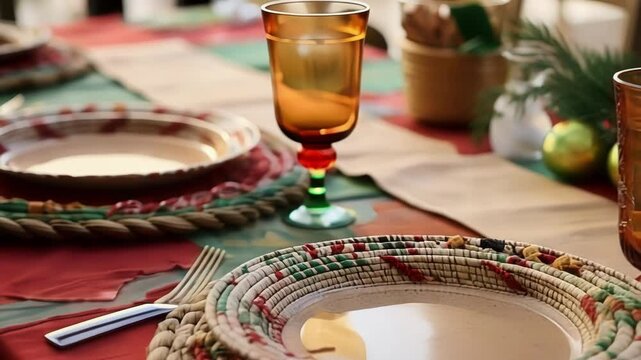 Festive christmas table setting with woven placemats and colorful glasses, creating a cozy atmosphere for holiday celebration