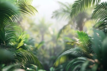 Fototapeta premium Blur background of dense tropical jungle with palm trees. Realistic 3D render of an exotic forest. Wilderness exploration and tropical flora concept. generative ai