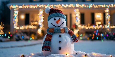 Obraz premium snowman with a scarf and hat standing in front American mansion decorated with many colorful lights garlands with light decorations in front of the house, with lights and a bokeh effect