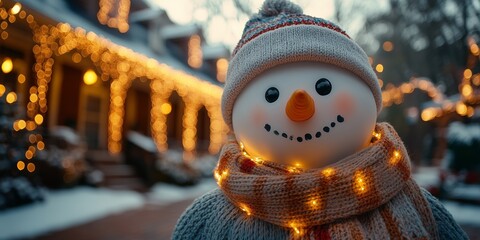 snowman with a scarf and hat standing in front American mansion decorated with many colorful lights garlands with light decorations in front of the house, with lights and a bokeh effect