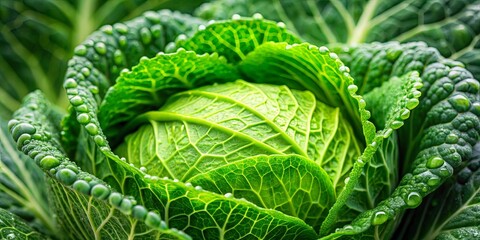 A vibrant green cabbage head with glistening water droplets on its leaves, showcasing the intricate texture and fresh nature of this vegetable.