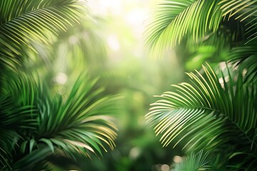 Blur background of dense tropical jungle with palm trees. Realistic 3D render of an exotic forest. Wilderness exploration and tropical flora concept. generative ai