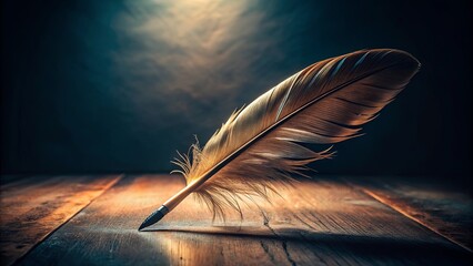 A Single Quill Pen Resting on a Rough Wooden Surface, Bathed in a Warm Light, Ready to Scribble Words of Inspiration