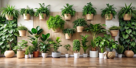 A vibrant indoor garden featuring a mix of potted plants and hanging greenery, creating a lush and inviting atmosphere